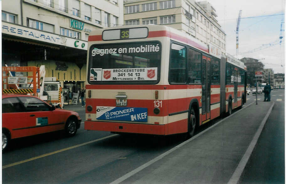 (021'636) - VB Biel - Nr. 131/BE 446'131 - Volvo/R&J am 17. Februar 1998 beim Bahnhof Biel