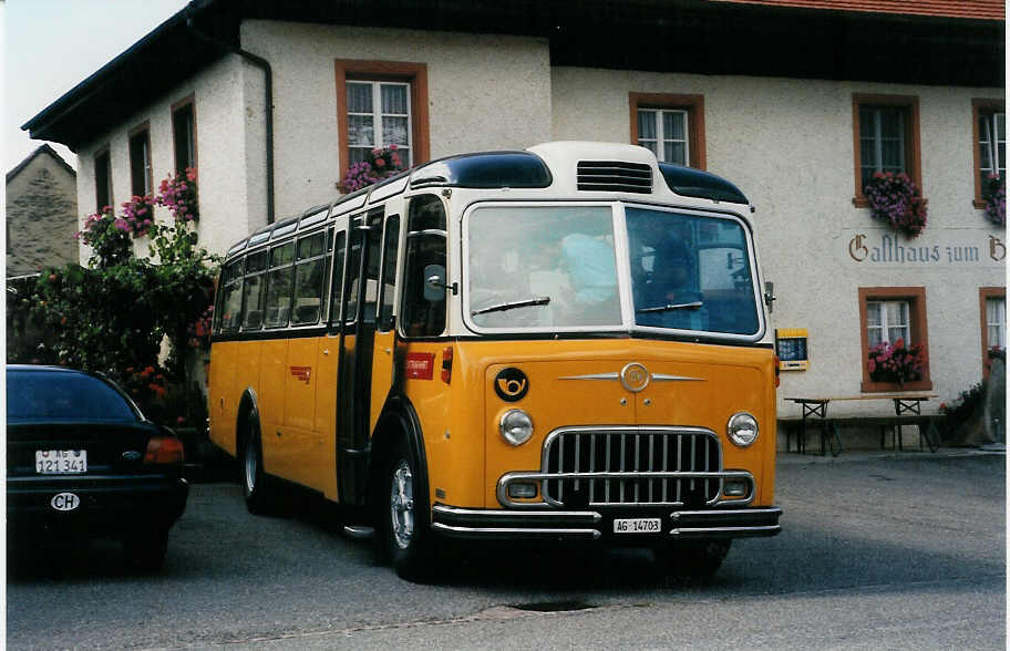 (025'934) - Lambach, M�riken - AG 14'703 - FBW/FHS (ex Hotz, Rickenbach bei Wil/TG; ex P 24'079; ex P 21'579) am 5. September 1998 in Hottwil, Gasthof zum B�ren