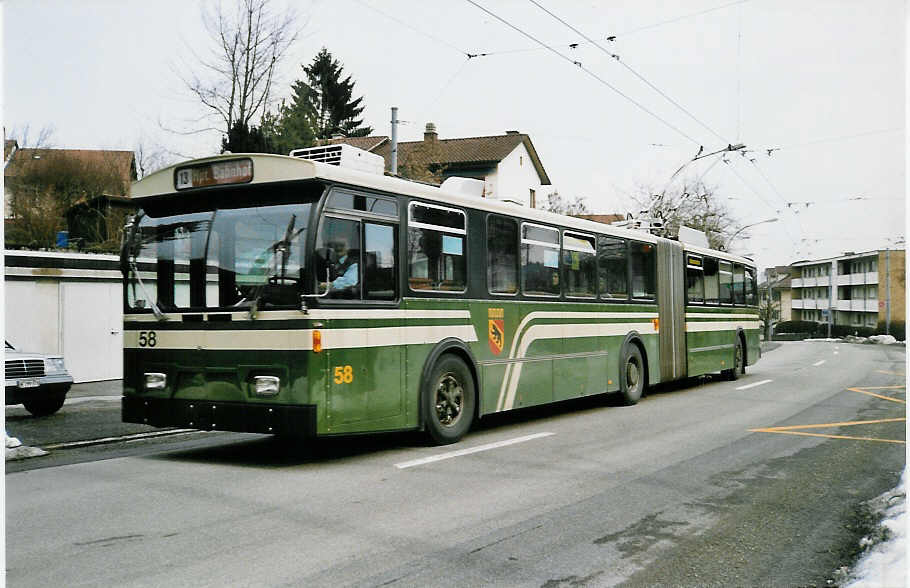 (029'802) - SVB Bern - Nr. 58 - FBW/Hess Gelenktrolleybus am 1. M�rz 1999 in Bern, B�mpliz