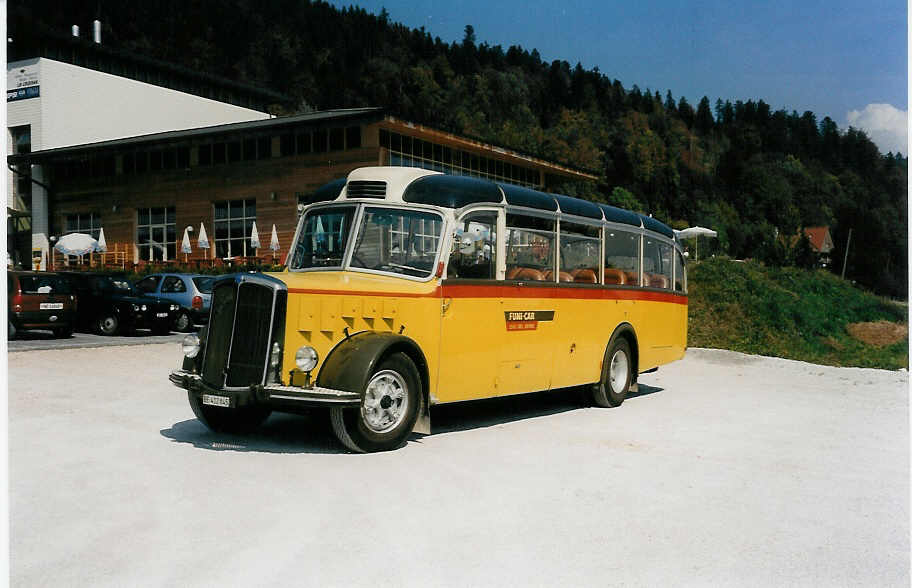 (036'801) - Funi-Car, Biel - BE 412'845 - Saurer/FHS (ex P 19'983; ex P 23'157) am 12. September 1999 in Boudevilliers, Hotel-Restaurant La Crois�e