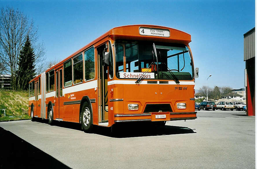 (040'104) - ZVB Zug - Nr. 48/ZG 3398 - FBW/Hess (ex RhV Altst�tten Nr. 102) am 8. April 2000 in Zug, Garage
