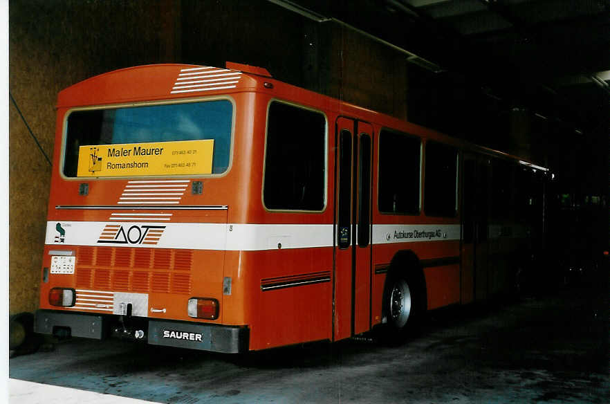 (048'312) - AOT Amriswil - Nr. 8/TG 116'583 - Saurer/T�scher (ex Frommelt, Vaduz) am 17. Juli 2001 in Amriswil, Garage
