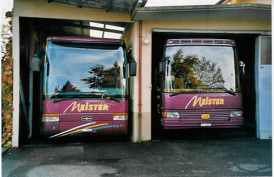 (050'522) - Meister, Thun - BE 78'669 - Van Hool + BE 13'661 - Dr�gm�ller am 29. Oktober 2001 in Thun, Garage