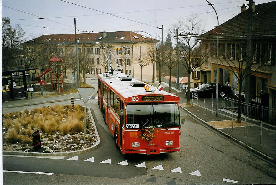 (074'201) - TN Neuch�tel - Nr. 160 - FBW/Hess Gelenktrolleybus (ex Nr. 60) am 16. Januar 2005 in Neuch�tel, Temple de Valangines