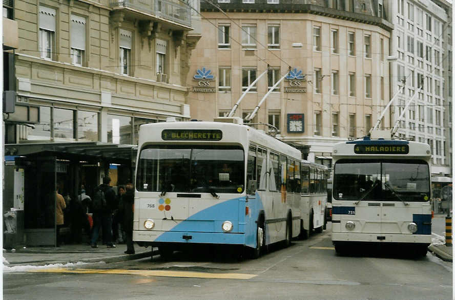 (083'724) - TL Lausanne - Nr. 768 - NAW/Lauber Trolleybus + Nr. 731 - FBW/Hess Trolleybus am 6. M�rz 2006 in Lausanne, Bel-Air