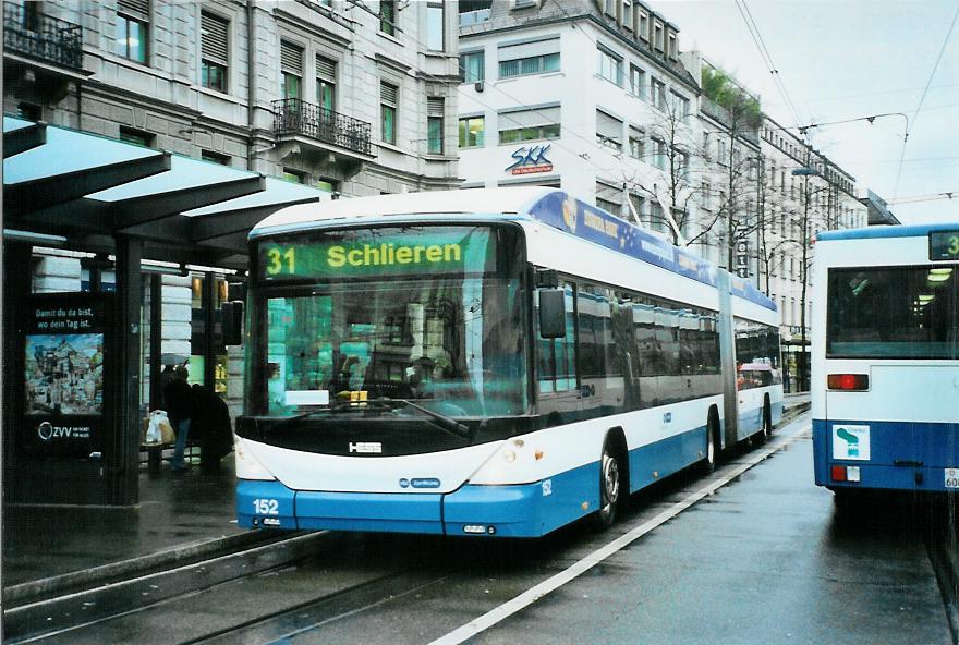 (105'507) - VBZ Z�rich - Nr. 152 - Hess/Hess Gelenktrolleybus am 17. M�rz 2008 in Z�rich, L�wenplatz