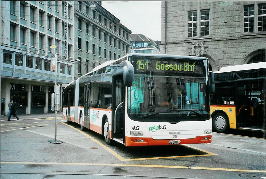(105'809) - Regiobus, Gossau - Nr. 45/SG 283'883 - MAN am 29. M�rz 2008 beim Bahnhof St. Gallen 