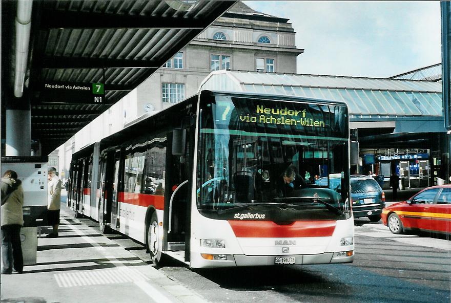 (105'831) - St. Gallerbus, St. Gallen - Nr. 278/SG 198'278 - MAN am 29. M�rz 2008 beim Bahnhof St. Gallen