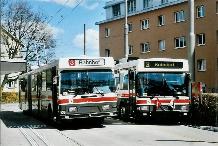 (106'010) - VBSG St. Gallen - Nr. 108 - Saurer/Hess + Nr. 167 - NAW/Hess Gelenktrolleybusse am 29. M�rz 2008 in St. Gallen, Heiligkreuz