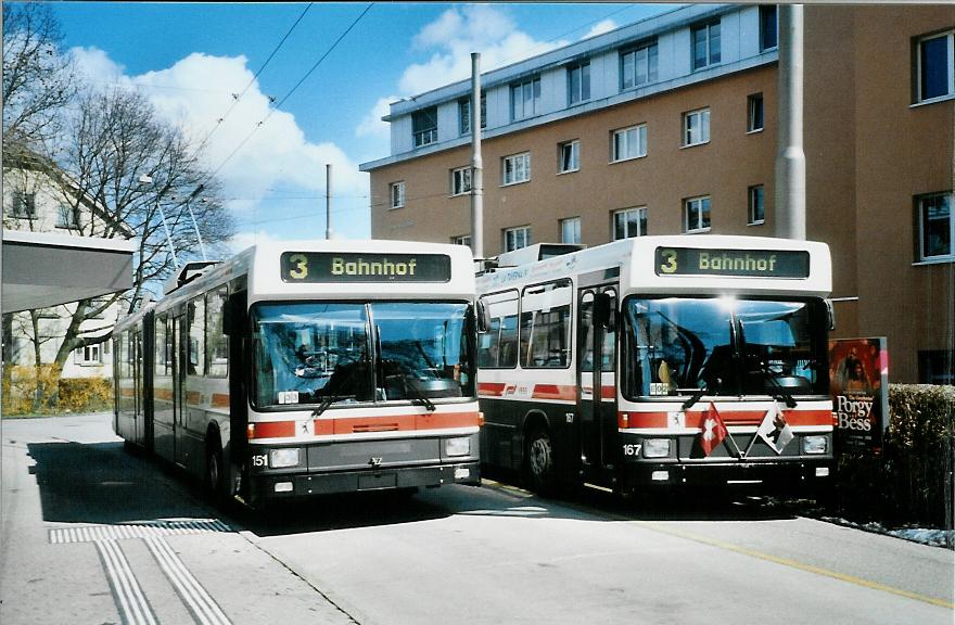 (106'014) - VBSG St. Gallen - Nr. 151 + 167 - NAW/Hess Gelenktrolleybusse am 29. M�rz 2008 in St. Gallen, Heiligkreuz