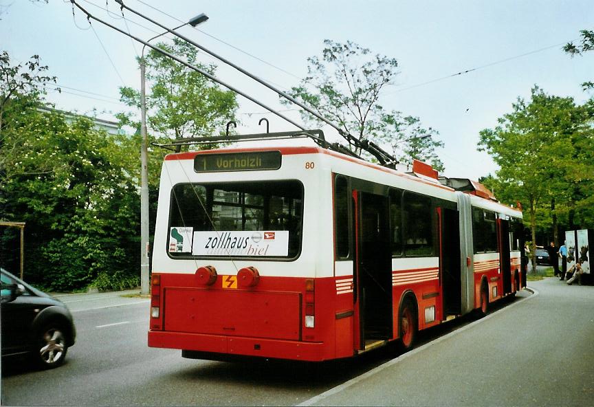 (107'723) - VB Biel - Nr. 80 - NAW/Hess Gelenktrolleybus am 1. Juni 2008 in Biel, L�ndtestrasse