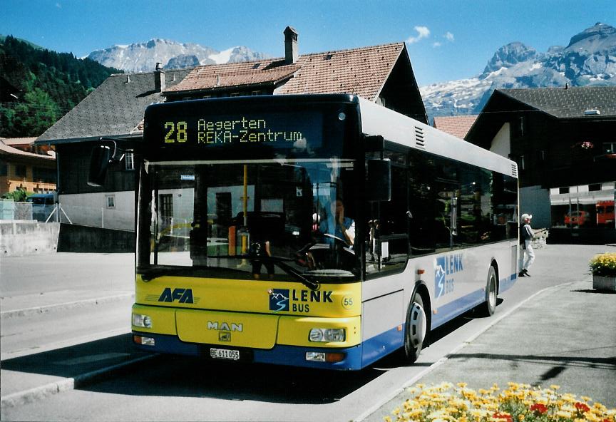 (109'028) - AFA Adelboden - Nr. 55/BE 611'055 - MAN/G�ppel am 10. Juli 2008 beim Bahnhof Lenk