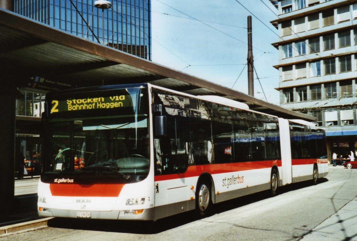 (115'408) - St. Gallerbus, St. Gallen - Nr. 296/SG 198'296 - MAN am 18. M�rz 2009 beim Bahnhof St. Gallen