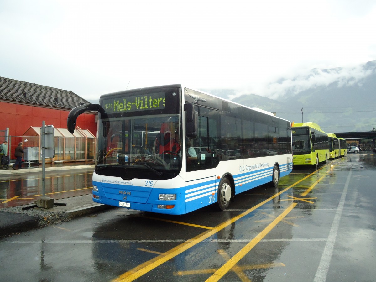 (128'734) - BSW Sargans - Nr. 315/SG 297'505 - MAN/G�ppel am 13. August 2010 beim Bahnhof Sargans