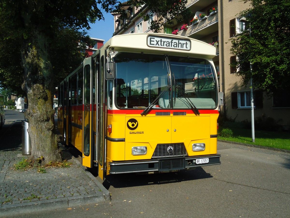 (128'780) - Osthues, Teufen - Nr. 15/AR 17'057 - Saurer/Leyland-Hess (ex AVG Grindelwald Nr. 15; ex RhV Altst�tten Nr. 42) am 21. August 2010 beim Bahnhof Gossau