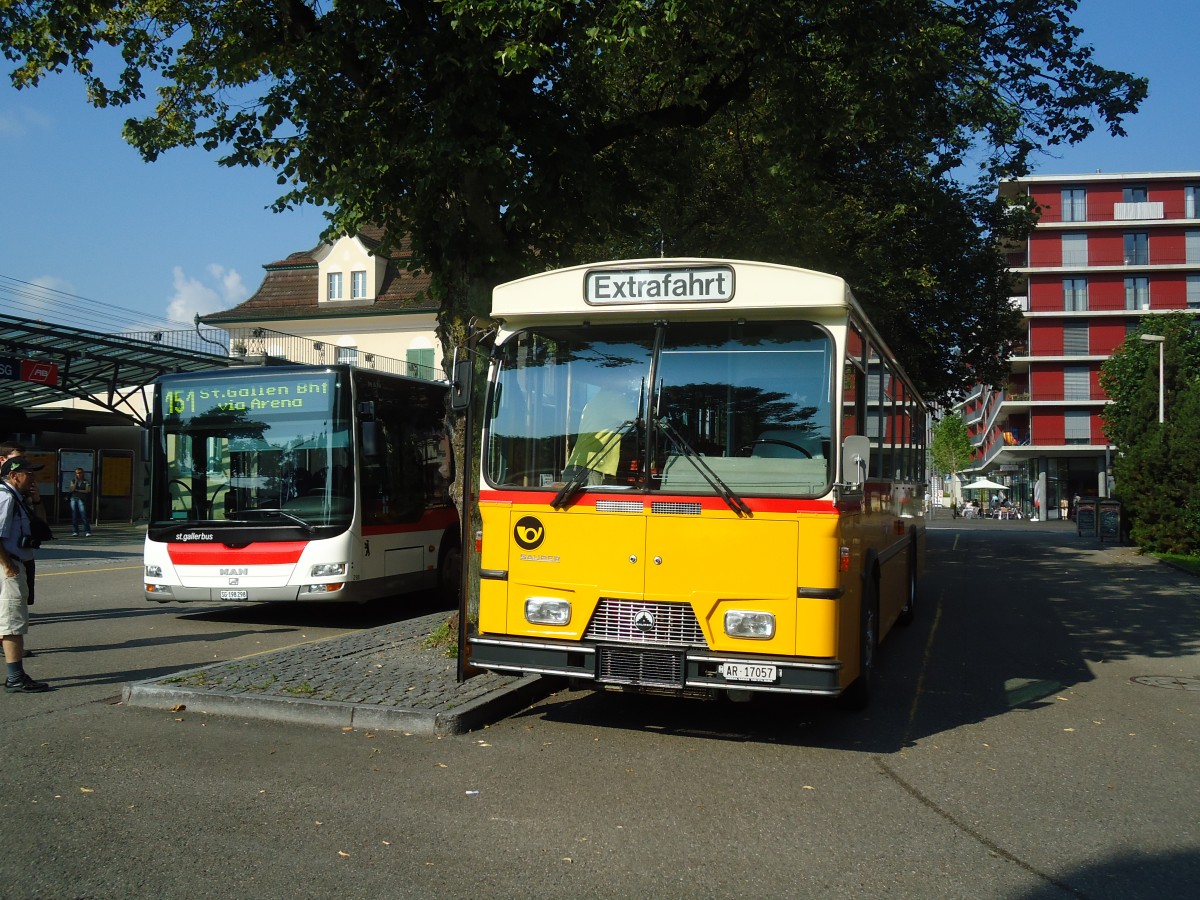 (128'781) - Osthues, Teufen - Nr. 15/AR 17'057 - Saurer/Leyland-Hess (ex AVG Grindelwald Nr. 15; ex RhV Altst�tten Nr. 42) am 21. August 2010 beim Bahnhof Gossau
