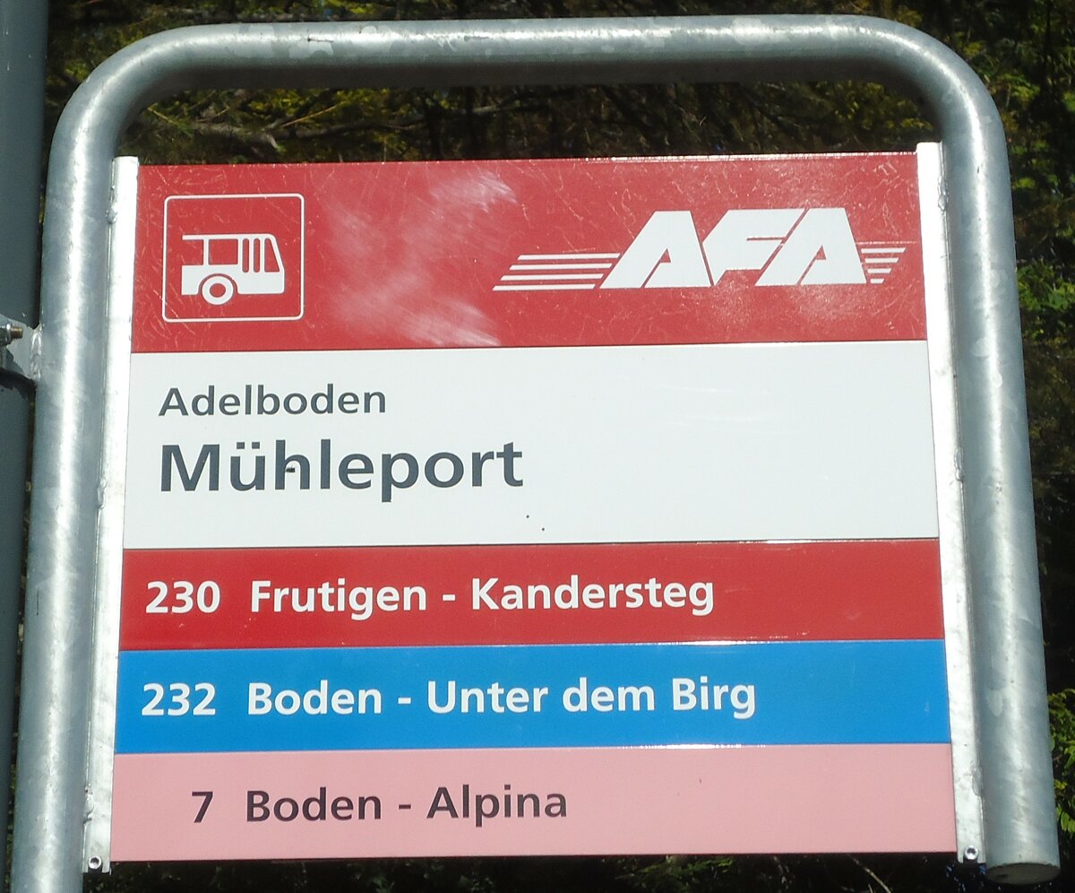 (130'371) - AFA-Haltestellenschild - Adelboden, M�hleport - am 11. Oktober 2010