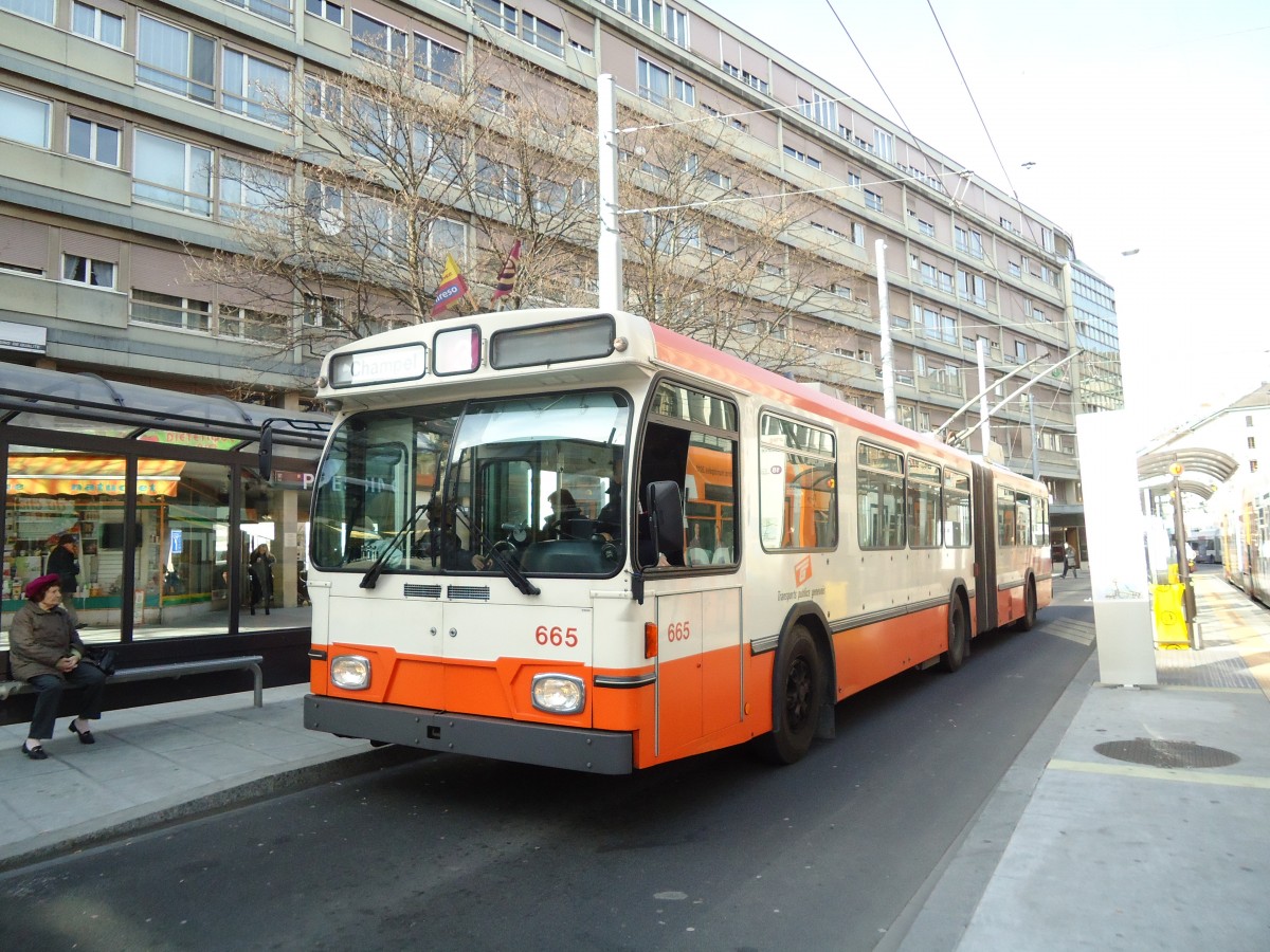 (132'926) - TPG Gen�ve - Nr. 665 - Saurer/Hess Gelenktrolleybus am 10. M�rz 2011 in Gen�ve, Coutance
