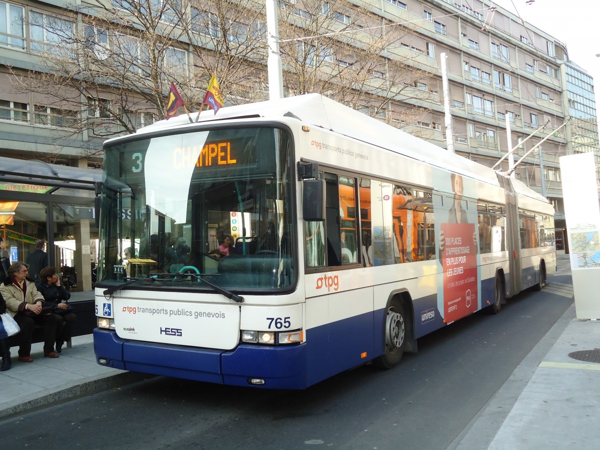 (132'931) - TPG Gen�ve - Nr. 765 - Hess/Hess Gelenktrolleybus am 10. M�rz 2011 in Gen�ve, Coutance