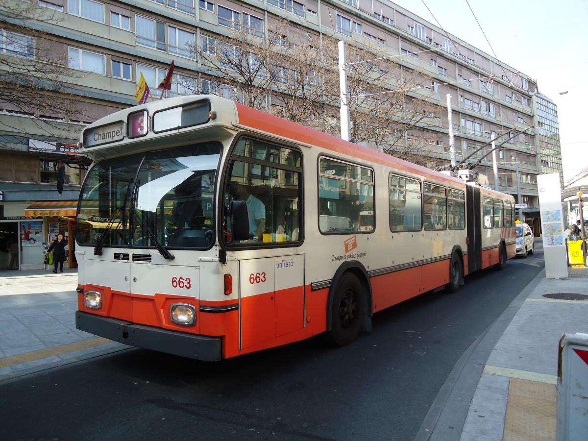 (132'937) - TPG Gen�ve - Nr. 663 - Saurer/Hess Gelenktrolleybus am 10. M�rz 2011 in Gen�ve, Coutance