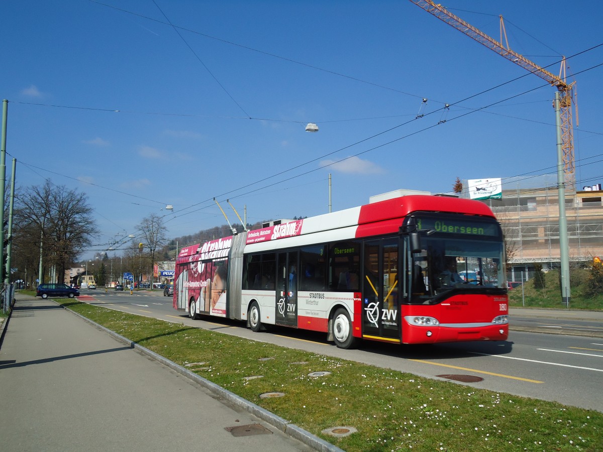 (133'130) - SW Winterthur - Nr. 180 - Solaris Gelenktrolleybus am 20. M�rz 2011 in Winterthur, Eishalle