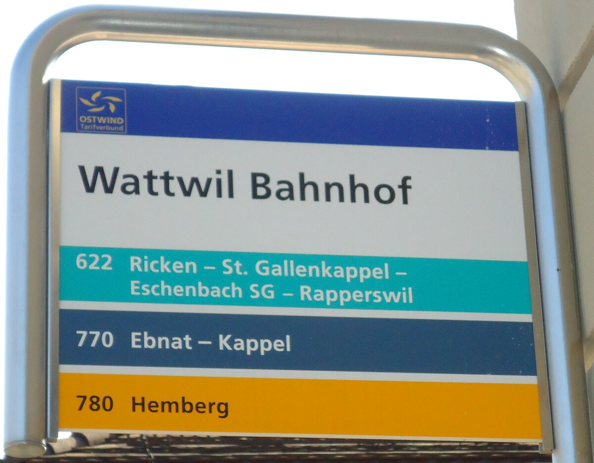 (133'154) - BLWE/Schneider/PostAuto-Haltestellenschild - Wattwil, Bahnhof - am 23. M�rz 2011
