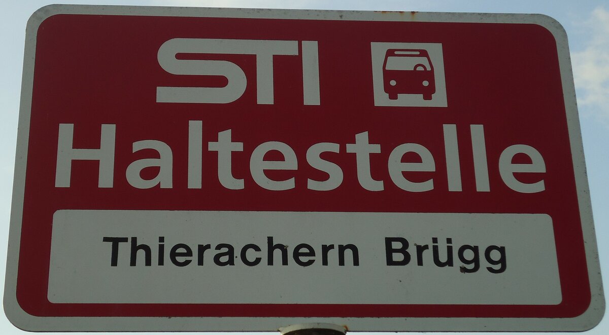 (133'306) - STI-Haltestellenschild - Thierachern, Thierachern Br�gg - am 16. April 2011