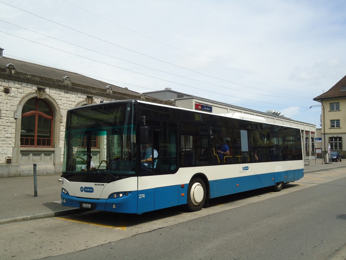 (134'868) - VBZ Z�rich - Nr. 274/ZH 726'274 - Neoplan am 10. Juli 2011 beim Bahnhof Z�rich-Oerlikon
