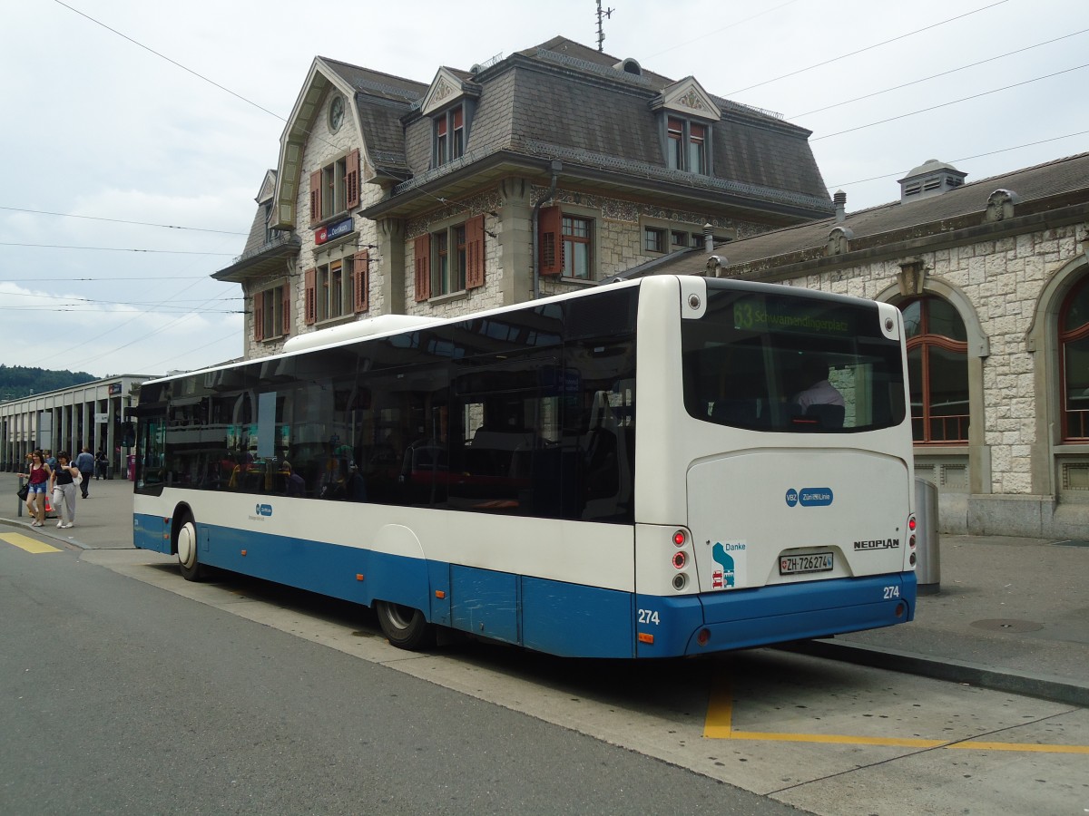 (134'878) - VBZ Z�rich - Nr. 274/ZH 726'274 - Neoplan am 10. Juli 2011 beim Bahnhof Z�rich-Oerlikon