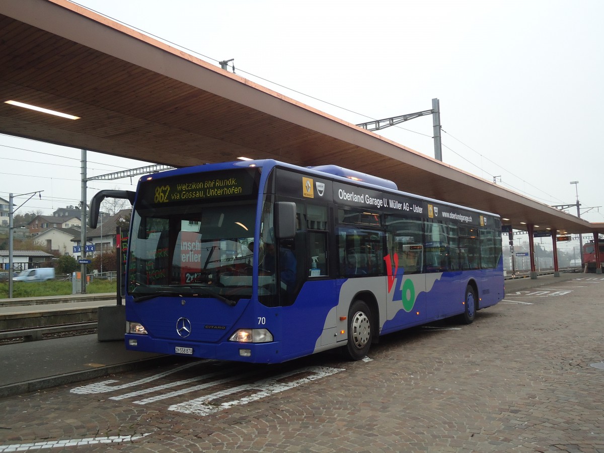 (136'916) - VZO Gr�ningen - Nr. 70/ZH 558'870 - Mercedes am 24. November 2011 beim Bahnhof Wetzikon
