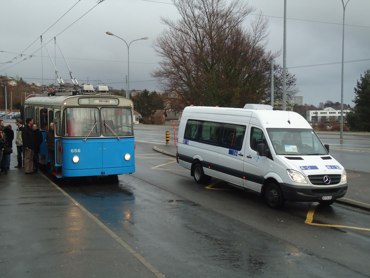 (137'285) - TL Lausanne (R�trobus) - Nr. 656 - FBW Trolleybus + TL Lausanne Nr. 23/VD 534'326 - Mercedes am 18. Dezember 2011 in Lausanne, Bourdonnette