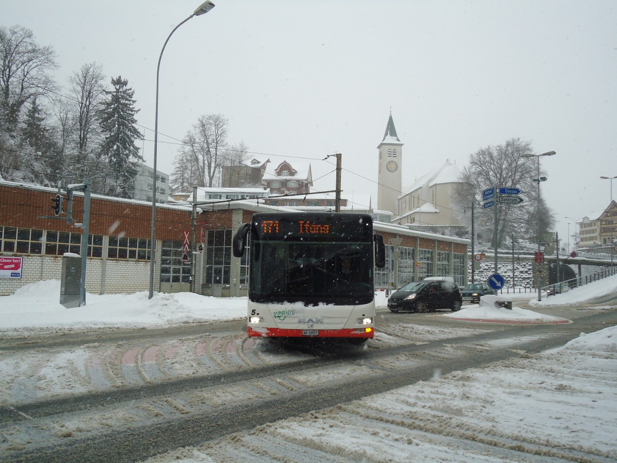 (137'688) - VBH Herisau - Nr. 5/AR 20'557 - MAN am 15. Februar 2012 beim Bahnhof Herisau