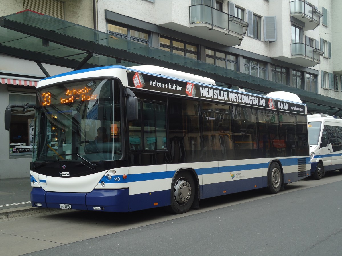 (137'959) - ZVB Zug - Nr. 140/ZG 3390 - Scania/Hess am 6. M�rz 2012 beim Bahnhof Zug