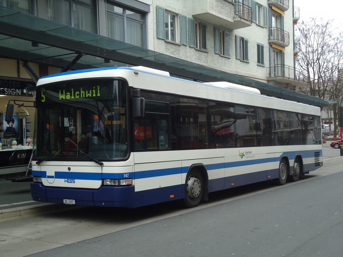 (137'961) - ZVB Zug - Nr. 147/ZG 3397 - Scania/Hess am 6. M�rz 2012 beim Bahnhof Zug