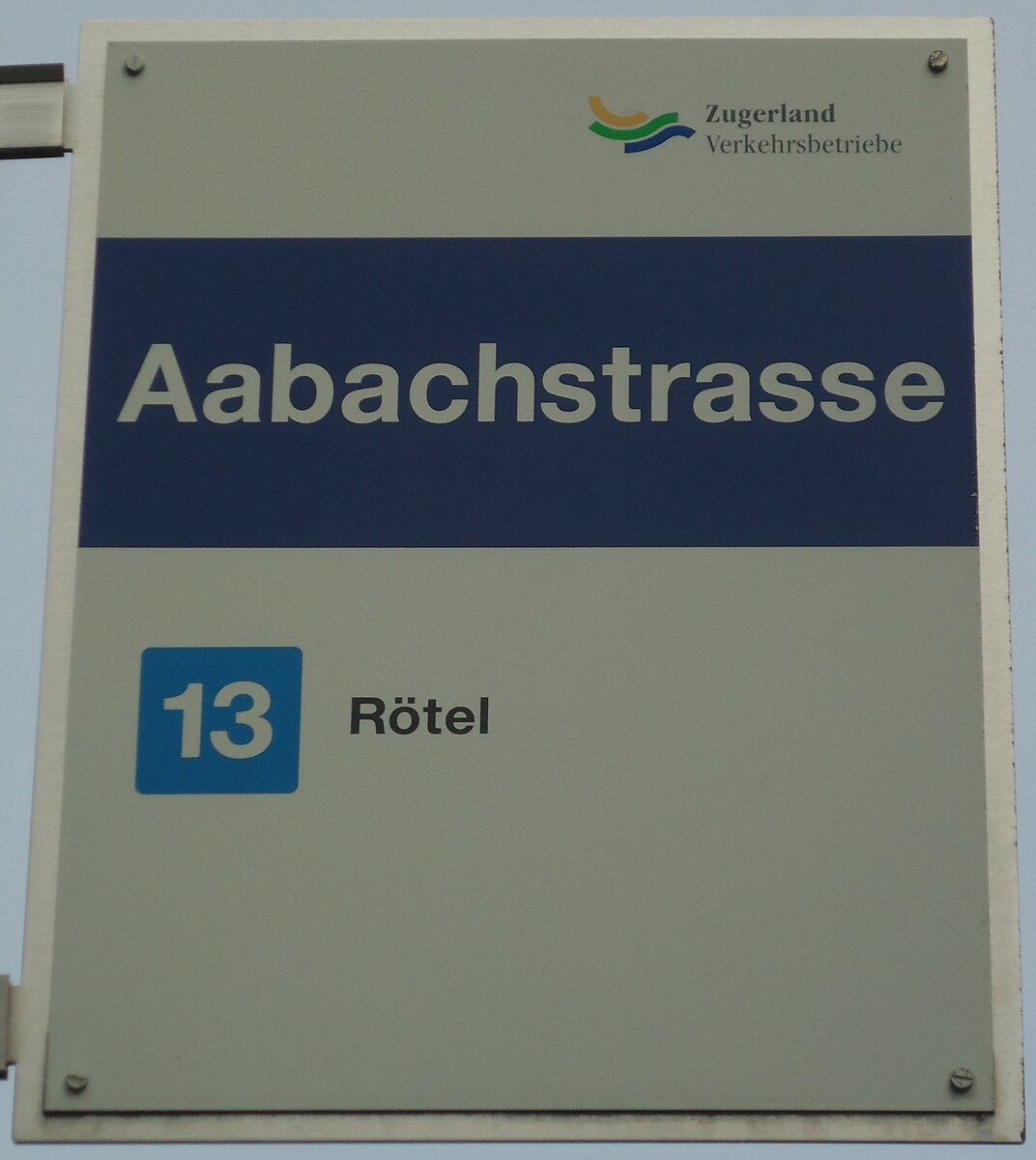 (138'042) - Zugerland Verkehrsbetriebe-Haltestellenschild - Zug, Aabachstrasse - am 6. M�rz 2012