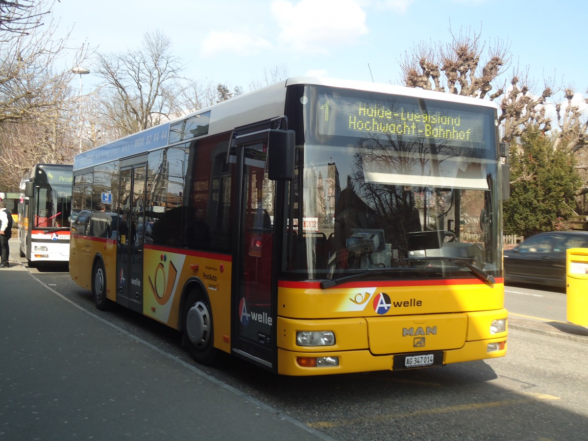 (138'064) - Geissmann, H�gglingen - AG 347'014 - MAN am 6. M�rz 2012 beim Bahnhof Wohlen