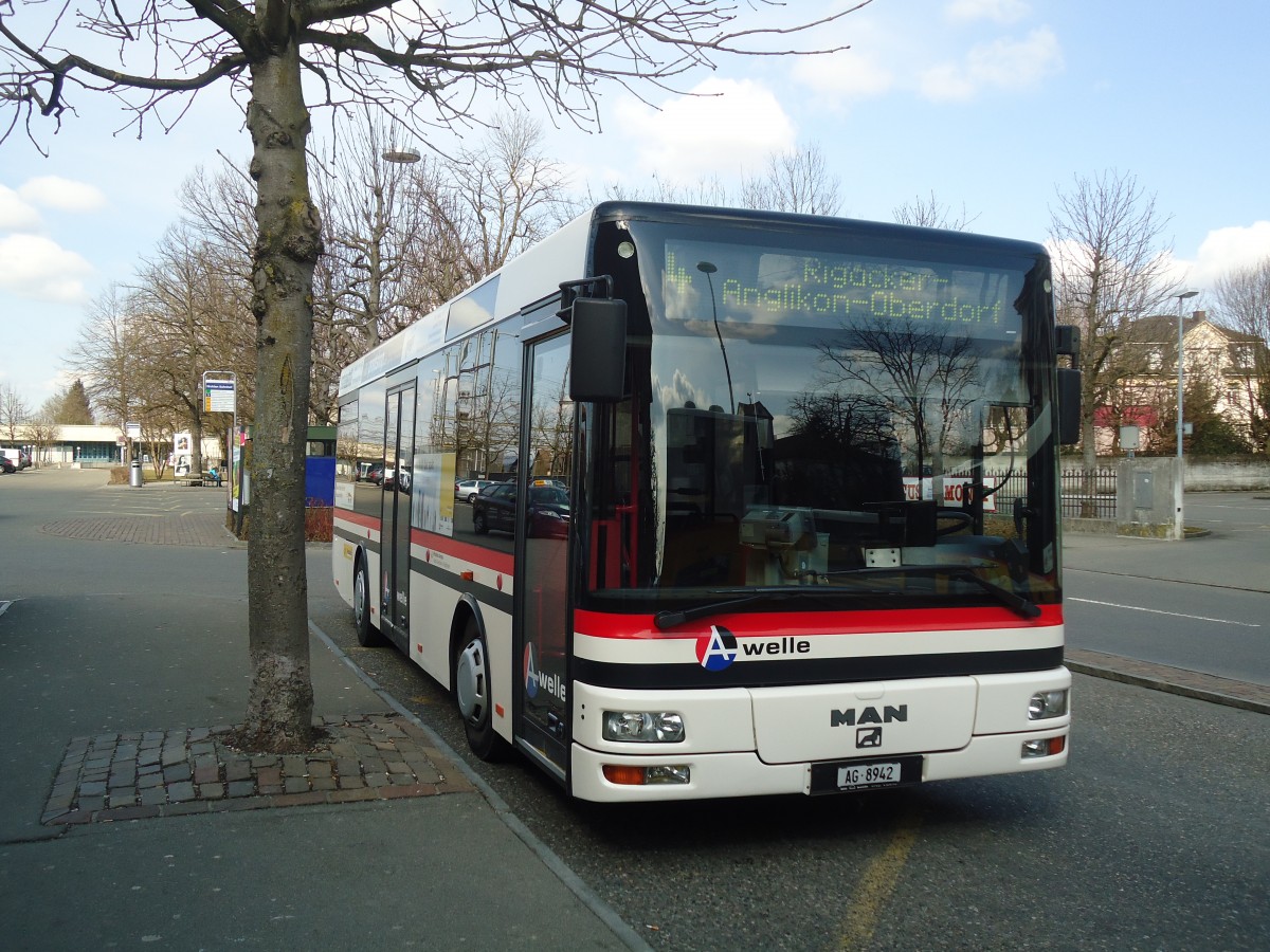 (138'065) - Geissmann, H�gglingen - AG 8942 - MAN am 6. M�rz 2012 beim Bahnhof Wohlen