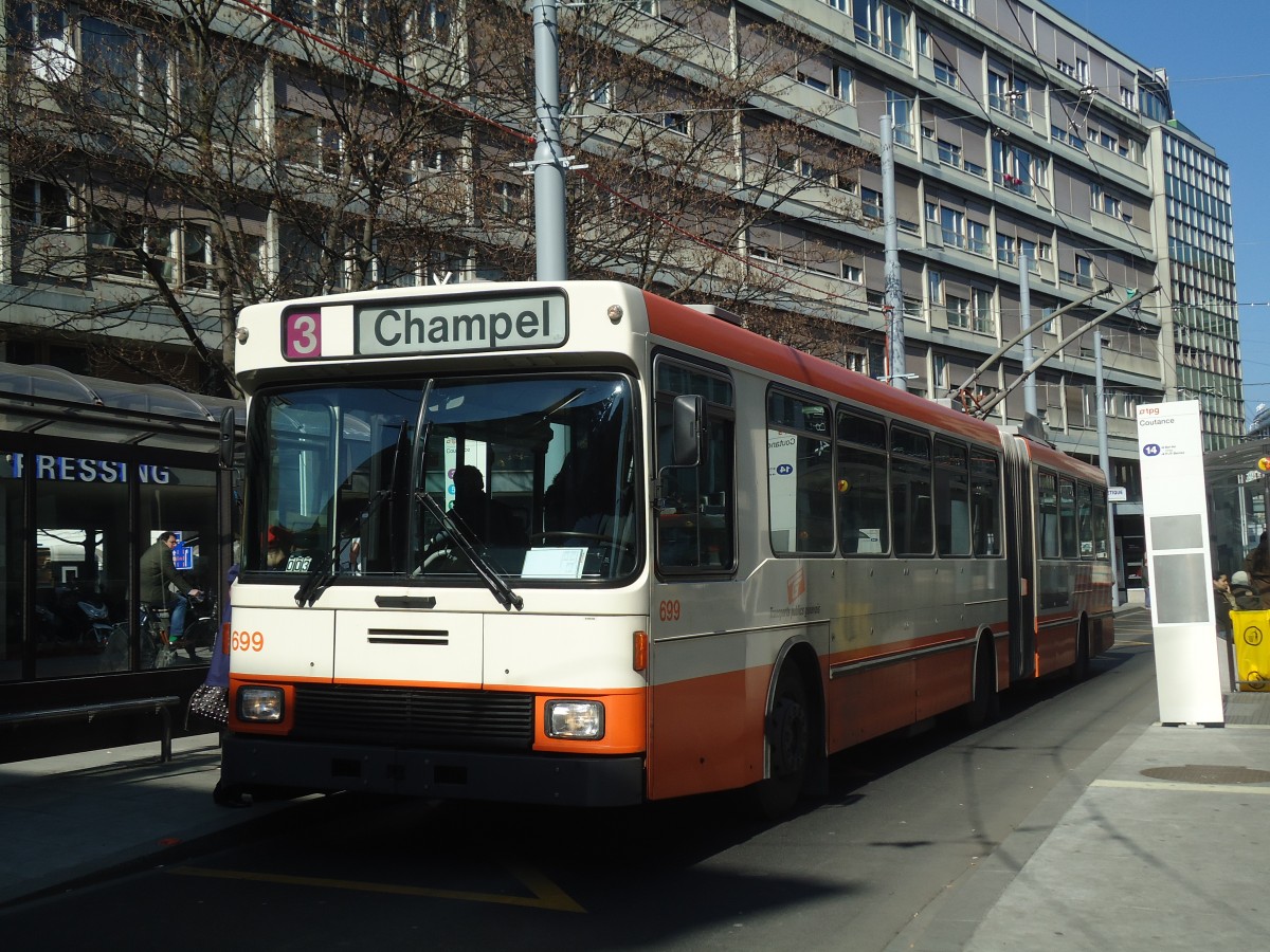(138'266) - TPG Gen�ve - Nr. 699 - NAW/Hess Gelenktrolleybus am 9. M�rz 2012 in Gen�ve, Coutance
