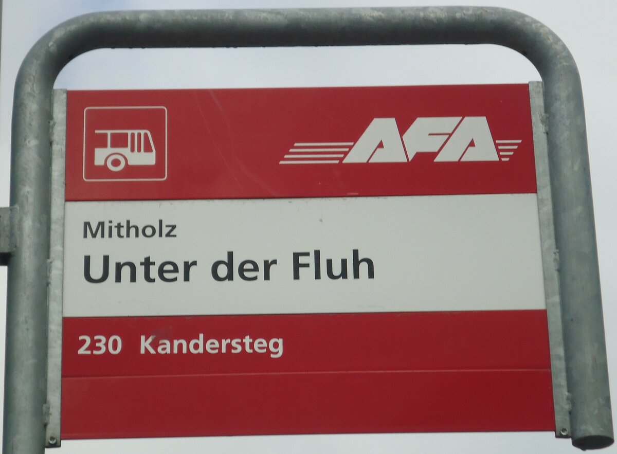 (138'467) - AFA-Haltestellenschild - Mitholz, Unter der Fluh - am 6. April 2012