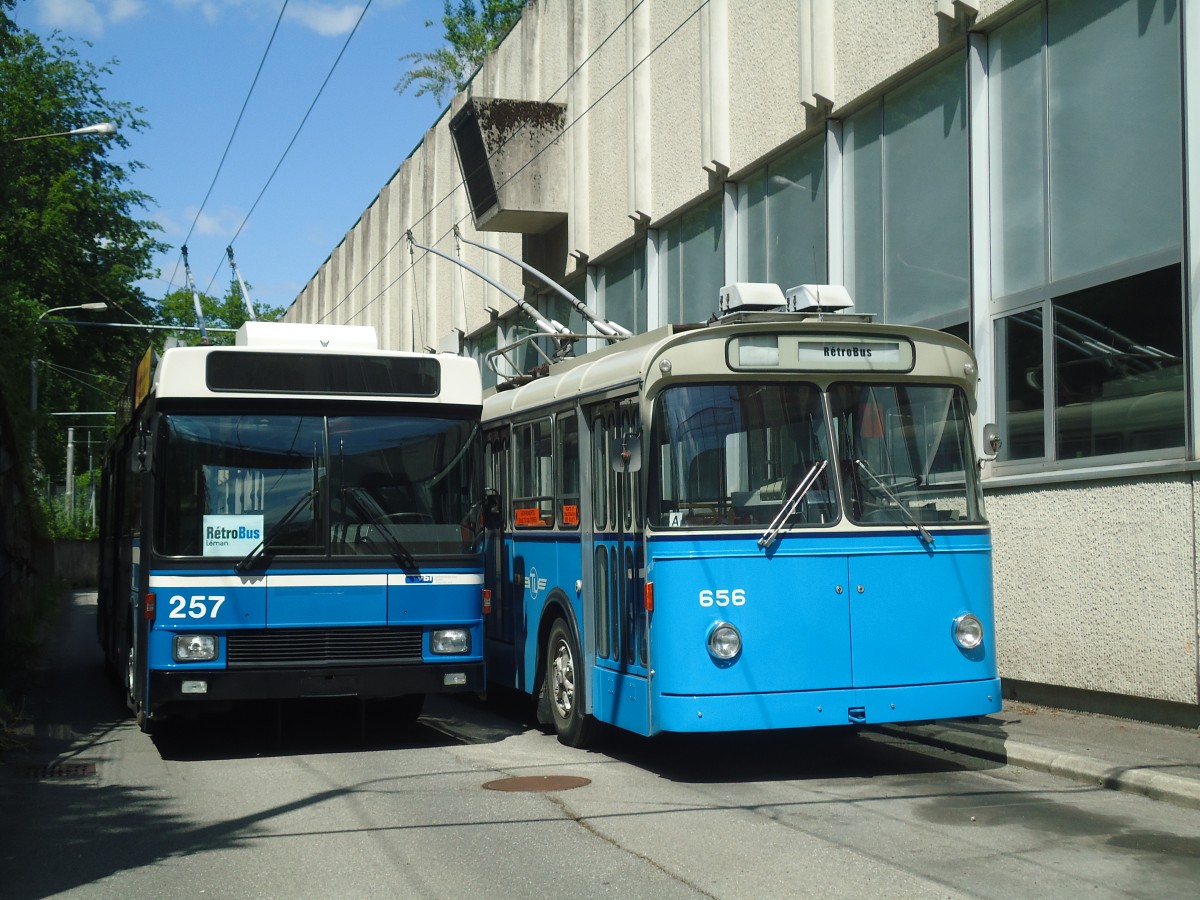 (138'751) - VBL Luzern (R�trobus) - Nr. 257 - NAW/R&J-Hess Trolleybus + TL Lausanne (R�trobus) - Nr. 656 - FBW/Eggli Trolleybus am 13. Mai 2012 in Lausanne, D�p�t Borde
