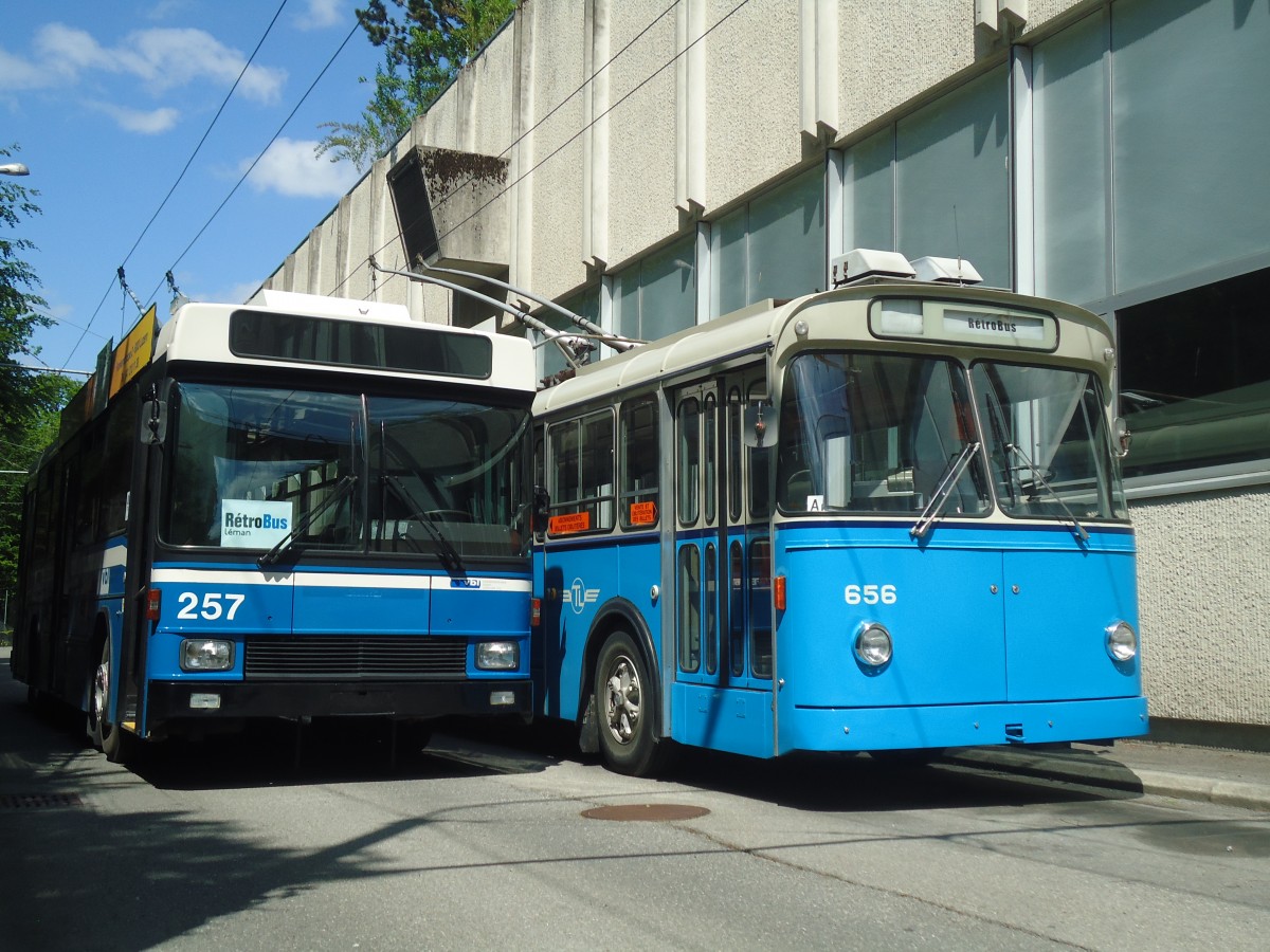 (138'752) - VBL Luzern (R�trobus) - Nr. 257 - NAW/R&J-Hess Trolleybus + TL Lausanne (R�trobus) - Nr. 656 - FBW/Eggli Trolleybus am 13. Mai 2012 in Lausanne, D�p�t Borde