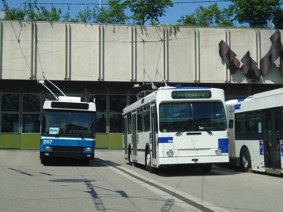 (138'772) - VBL Luzern (R�trobus) - Nr. 257 - NAW/R&J-Hess Trolleybus + TL Lausanne - Nr. 760 - NAW/Lauber Trolleybus am 13. Mai 2012 in Lausanne, D�p�t Borde