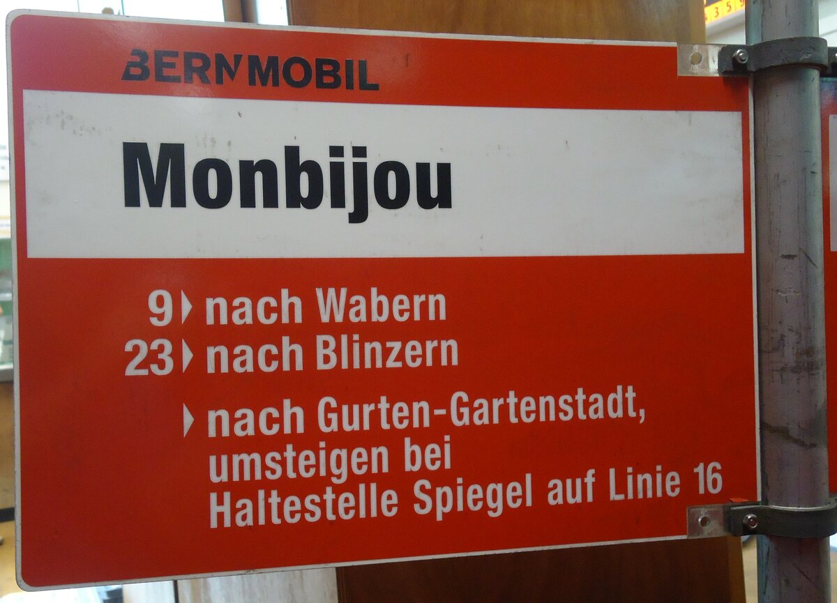 (140'097) - BERNMOBIL-Haltestellenschild - Bern, Monbijou - am 24. Juni 2012 in Bern, Weissenb�hl