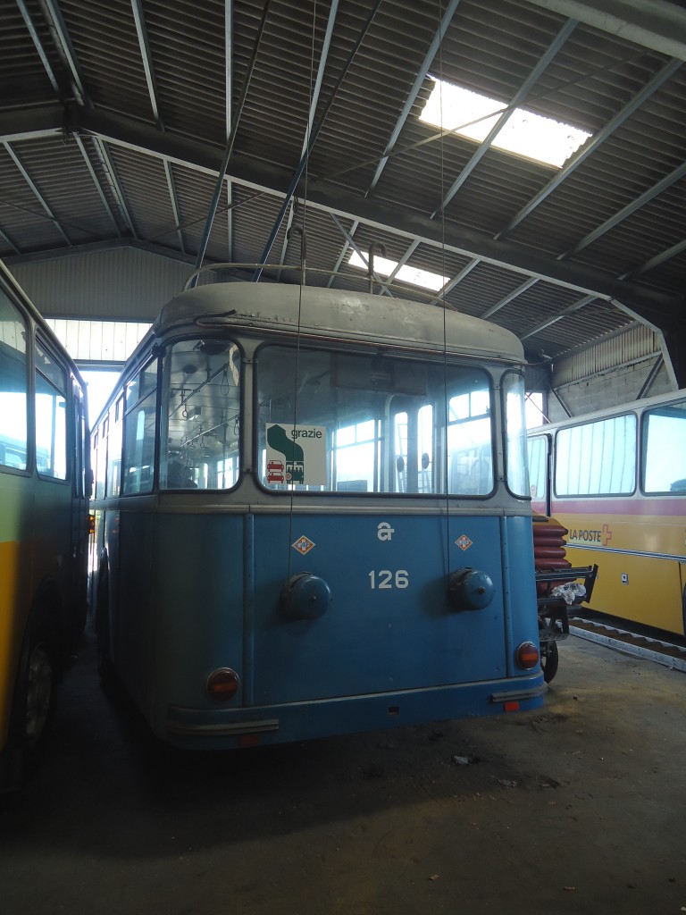 (141'293) - ACT Lugano (TVS) - Nr. 126 - FBW/Hess Trolleybus (ex RhV Altst�tten Nr. 6) am 19. August 2012 in Yvonand, Halle TVS (Teilaufnahme)