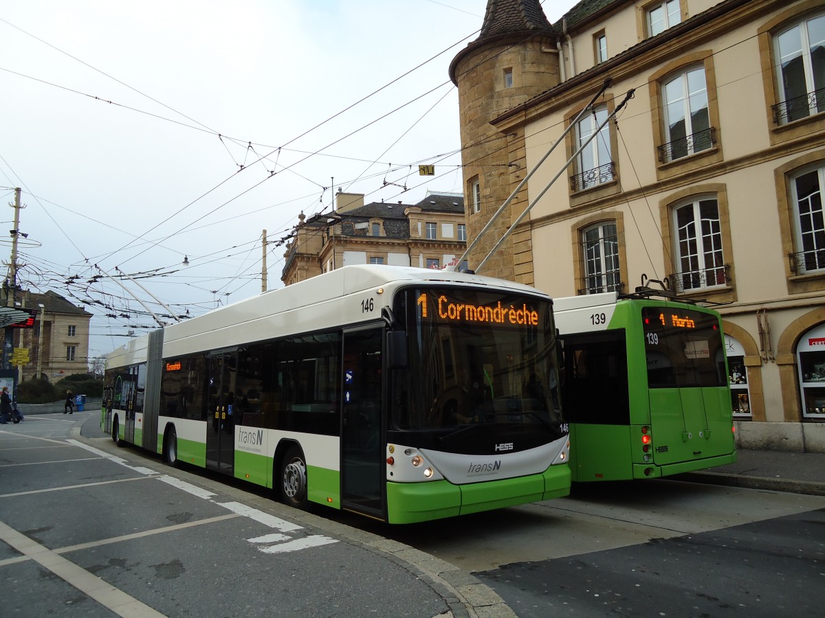 (142'710) - transN, La Chaux-de-Fonds - Nr. 146 - Hess/Hess Gelenktrolleybus (ex TN Neuch�tel Nr. 146) am 29. Dezember 2012 in Neuch�tel, Place Pury