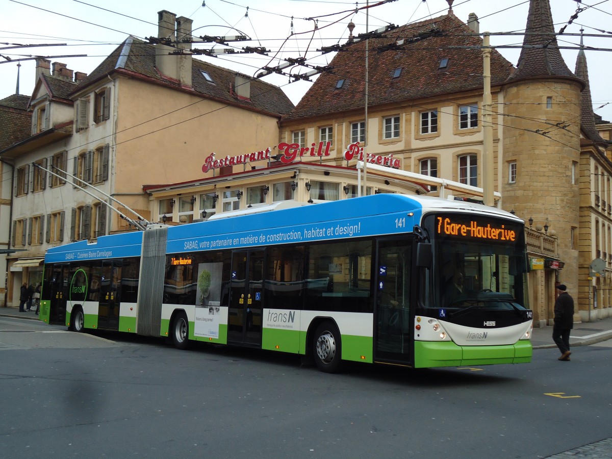 (142'715) - transN, La Chaux-de-Fonds - Nr. 141 - Hess/Hess Gelenktrolleybus (ex TN Neuch�tel Nr. 141) am 29. Dezember 2012 in Neuch�tel, Place Pury