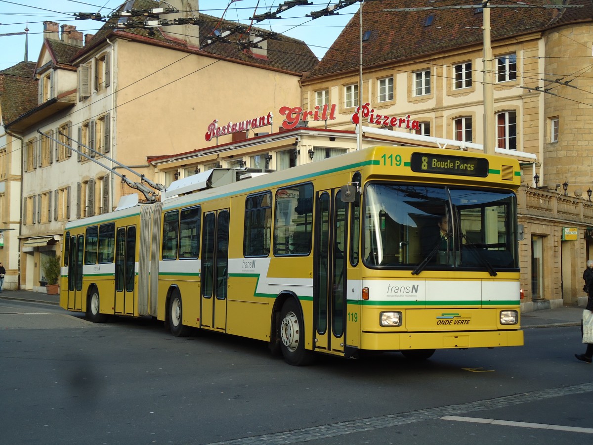 (142'729) - transN, La Chaux-de-Fonds - Nr. 119 - NAW/Hess Gelenktrolleybus (ex TN Neuch�tel Nr. 119) am 29. Dezember 2012 in Neuch�tel, Place Pury