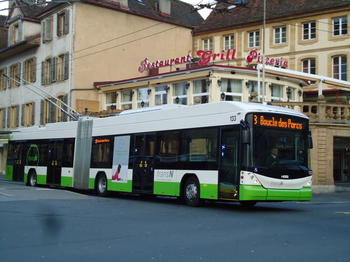 (142'736) - transN, La Chaux-de-Fonds - Nr. 133 - Hess/Hess Gelenktrolleybus (ex TN Neuch�tel Nr. 133) am 29. Dezember 2012 in Neuch�tel, Place Pury