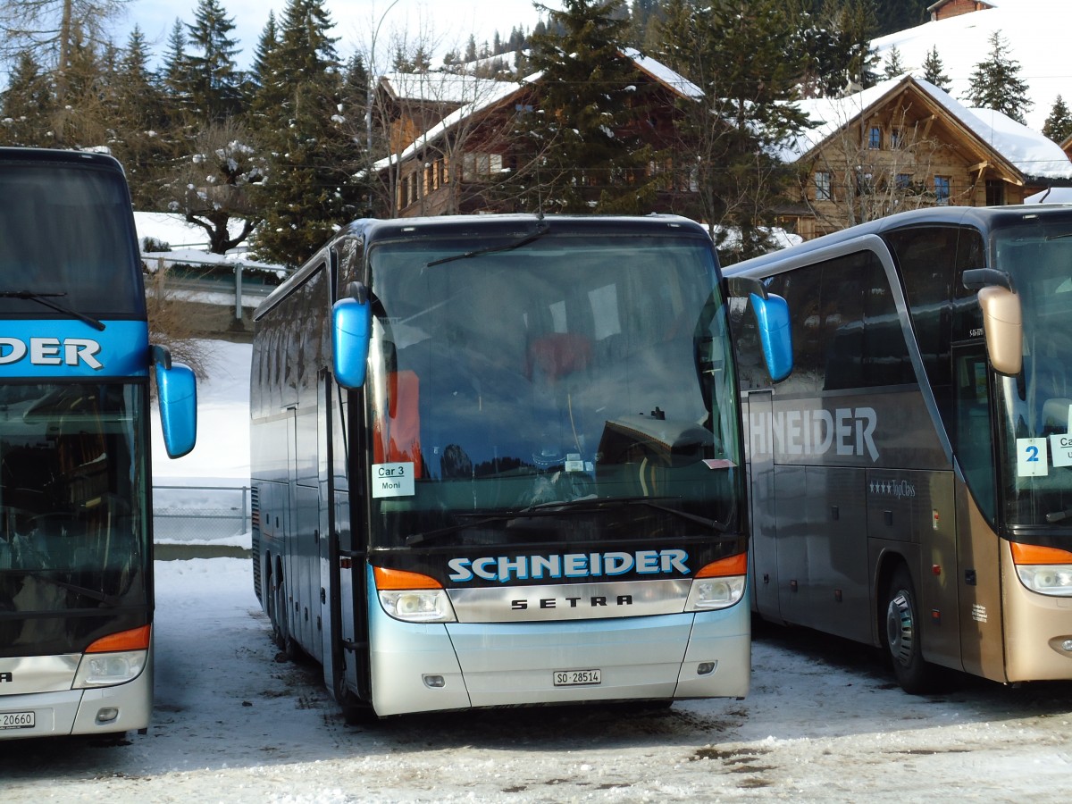 (143'081) - Schneider, Langendorf - SO 28'514 - Setra am 20. Januar 2013 beim Bahnhof Saanenm�ser