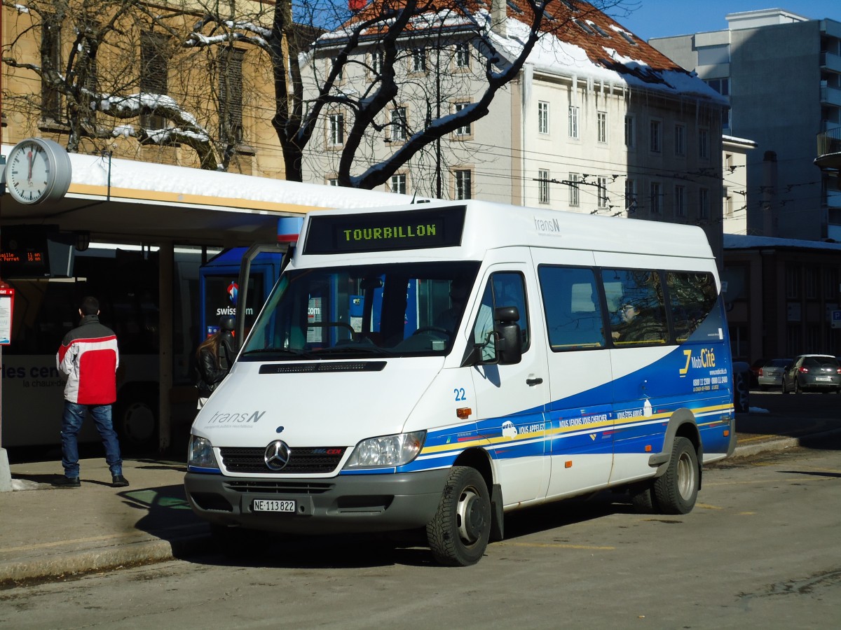 (143'228) - transN, La Chaux-de-Fonds - Nr. 22/NE 113'822 - Mercedes (ex MobiCit�, La Chaux-de-Fonds Nr. 22) am 19. Februar 2013 beim Bahnhof La Chaux-de-Fonds